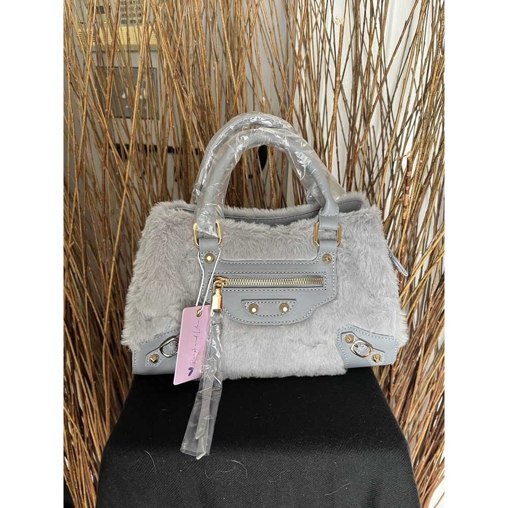 Purple & Lilac Faux Fur Mini Satchel Gray Gold Hardware Top Handle Chic